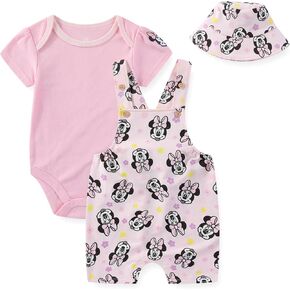 Disney Minnie Mouse Baby Girls French Terry Shortall Overalls T-Shirt and Hat 3-Piece Set for Infants