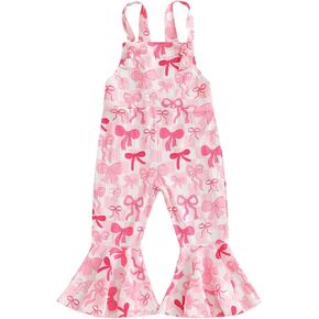 YOKJZJD Toddler Baby Girl Outfit Bow Print Suspender Romper Jumpsuit Overalls Bell Bottom Pants Fall Clothes