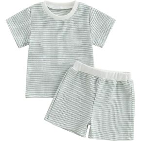 VISGOGO Baby Boy Girls Toddler Summer Outfit Waffle Striped Short Sleeve T-shirt Elastic Waist Shorts 2 Piece Short Set