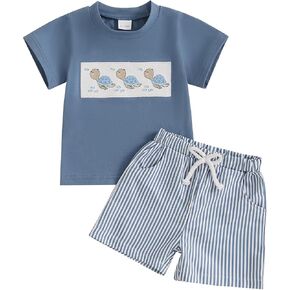 WZTYYDS Toddler Baby Boy Clothes Striped Embroidery T-Shirt Elastic Waist Shorts Set 2Pcs Infant Summer Outfits