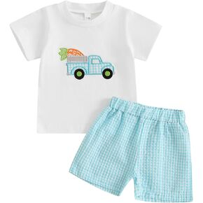 Lamuusaa Toddler Baby Boy Easter Outfit Short Sleeve Bunny/Truck Carrot T-shirt Stripe/Plaid Shorts 2Pcs Summer Clothes 3M-3T