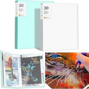 2 Packs A3 Storage Book for Diamond Art Portfolio Folder for Diamond Painting Accessories with 30 Pocket Slevees Protectors (2PCS-Green and White)