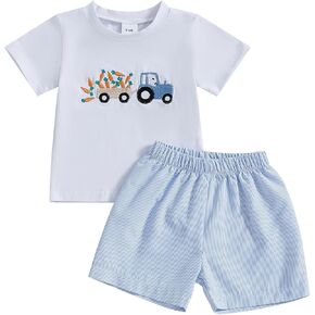 Baby Boy Easter Outfit Bunny Embroidery Short Sleeve T-Shirt Top Stripe/Plaid Shorts Set 2Pcs Toddler Summer Clothes