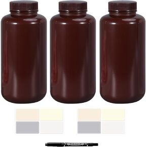 3X 1000ml Brown Wide Mouth Antioxidant Container Darkroom Chemical Storage Bottle Film Development Processing Equipment 1L(8 Waterproof Stickers, 1 Oil-Based Pen).