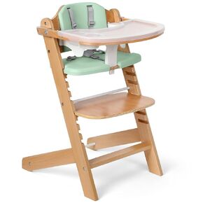 Cowiewie 3-in-1 Convertible Natural Wooden High Chair for Babies & Toddlers 3-Tier Remove & 2 Adjustable Wood Tray & 8 Levels Adjustable, 2 Waterproof Cozy Cushions Grey