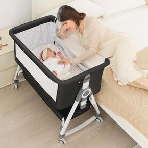 4-in-1 Baby Bassinet Bedside Sleeper for Newborns - Baby Rocking with 6 Adjustable Heights and 360° Locking Wheels | Portable Infant Crib with Storage Basket and Mosquito Net | Breathable Mesh