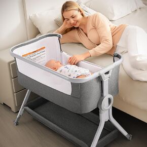 Larex 3 in 1 Baby Bassinet Bedside Sleeper, Breathable Mesh Safe Bedside Bassinet for Baby, Easy Assemble and Folding Portable Crib, 5 Height Adjustable Bedside Crib with Storage Basket, Mattress