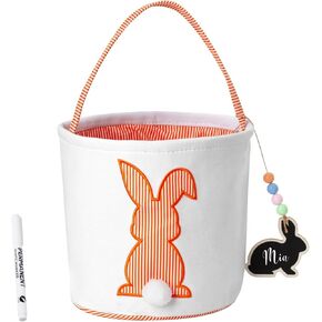 CHOIEO Easter Basket, Bunny Baskets with Pom-Pom Tail, Stripe Pattern, Bucket for Egg Hunts, Easter Gifts (Blue+Green)