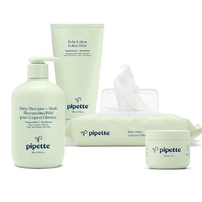 Pipette Newborn Baby Care Essentials Set, Clean, Fragrance-Free Shampoo +Wash, Fragrance-Free Lotion, Hydrating Baby Balm, Water-Based Baby Wipes, Sulfate & Paraben Free