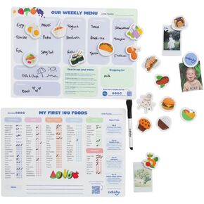 CATCHY - My First 100 Foods Tracker + Our Weekly Menu Set - 1 Magnetic Whiteboard Checklist, 1 Food Planner, 20 Fridge Magnets + 1 Marker - For Introducing Solids & Weekly Meal Planning - Reusable