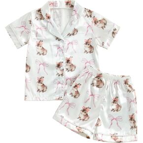 Kuriozud 4th of July Baby Girl Pajamas Silk Stain Pjs Summer Shirt Tops+Shorts 2Piece Set Toddler Kids Little Girl Sleepwear in Kuwait