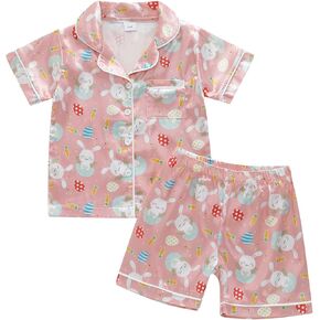 Toddler Girl Boy Easter Pajamas Set Cute Bunny Short Sleeve Button Down Shirt Top Elastic Shorts Sleepwear