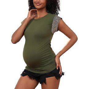 Women's Maternity Tops Summer Short Cap Sleeve Gold Thread Trim Maternity Shirts Crew Neck Pregnancy Tunic Blouse
