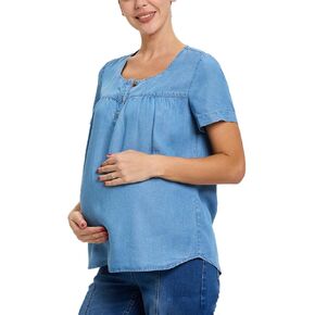 Women's Denim Maternity Shirt Pleat V Neck Blouse Short Sleeve with Buttons Basic Pregnancy Jean Shirt