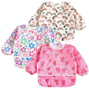 PandaEar 3 Pack Long Sleeve Baby Bibs, Waterproof Full Sleeve Bib for Toddlers, Adjustable Fit for Ages 6-36 Months