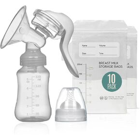 BPA Free Manual Breast Pump + 10 Breastmilk Storage Bag- Hand Pump Breastmilk & Milk Collector - Ergonomic Breast Pump & Breast Milk Storage Bags Freezer-Silicone, BPA Free,150 ml