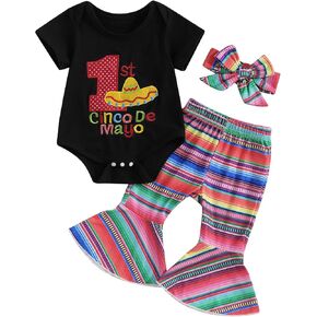 Cinco de Mayo Baby Girl Outfit Newborn Short Sleeve Romper and Bell Bottoms Pants Sets Headband Summer Clothes