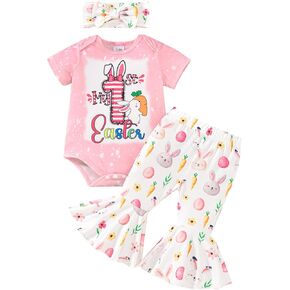Newborn Baby Girl Easter Outfit Long Sleeve Romper Bodysuit Bunny Eggs Flared Pants Set Cute My 1st Easter Outfit