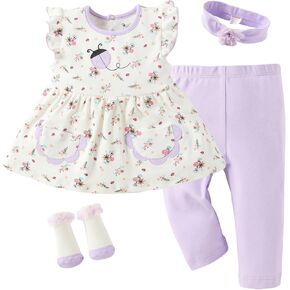Baby Girl Purple Clothes Set - 4-Piece Ruffle Skirt, Pants, Headband & Socks,100% Cotton Outfit for Infant & Toddler