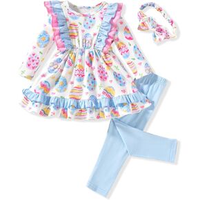 طقم ملابس للفتيات الصغيرات بأكمام طويلة من HINTINA فستان تونيك علوي وسراويل ضيقة مجموعة ملابس الخريف والشتاء in Kuwait