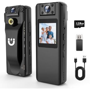 Body Camera with Audio and Video Recording, 128GB Mini Body Cam with 180° Rotating Lens, 10HR Battery & Night Vision, HD 1080P Wearable Bodycam for Law Enforcement, Hiking and Outdoor Sports