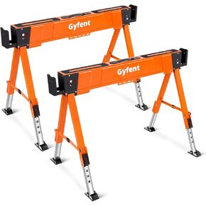 Saw Horses 2 Pack, 4400Lbs Load Capacity Saw Horse Folding Heavy Duty Sawhorses 21-34in Adjustable Height Professional Saw Horse with 2x4 Bracket for Woodworking Carpenters Contractors, Orange