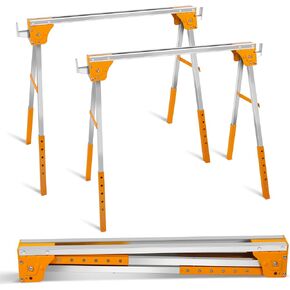 Stainless Steel Saw Horses 2 Pack - 6-Level Height Adjustments for Versatile Use, 1500 lbs Load Per Sawhorse, Foldable & Portable Design for Easy Storage - Ideal for Carpenters, Construction Workers, Remodelers - Silver