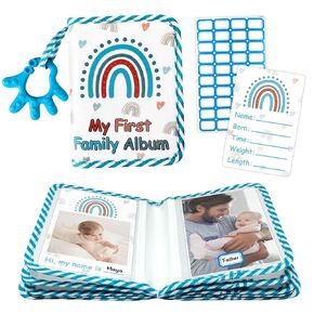 My First Family Photo Album for Baby, 4x6" Baby Photo Albums, Soft Toddler Photo Album with Milestone & Large Safety Mirror, Personalized Kids Baby Shower Gifts(Blue Hand)