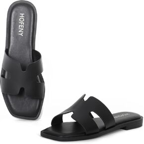 Womens Slip On Flat Sandals Soft Leather Open Toe Slide for Summer Dressy