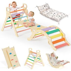 BlueWood Pikler Triangle Set with Cushion, 8-in-1 Climbing Toys for Toddlers, Montessori Philosophy Play Jungle Gym with Arch, Ramp, Ladder(Sunshine Rainbow)