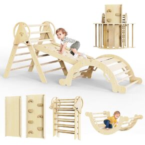 Taleco Gear Pikler Triangle Set 7 in 1,Foldable Baby C limbing T oys Wooden,Toddler Climbing Toys Indoor,Climbing Toys for Toddlers 1-3,with Ramp, Arch and Ladder(Rainbow)