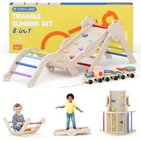 COSYLAND Pikler Triangle Set 8 in 1 - Adjustable 3-Level Montessori Climbing Toys for Toddlers 18M-6Y, Foldable Wooden Indoor Jungle Gym & Playground with Train Toy & Gift Box, Warm Tones