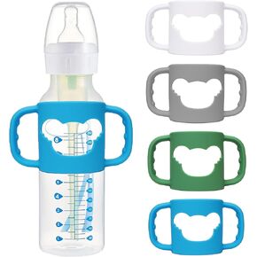 4 Pack Silicone Baby Bottle Handles for Dr. Brown's Narrow & Wide Baby Bottles Hoder, Easy Grip Self-Feeding Universal Bottle Handle, BPA-Free, 100% Silicone, White, Gray, Blue, Green