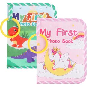 Set of 2 My First Photo Book for First Year Baby Newborn, Soft Cloth Photo Album for Family Memory with Baby Safe Mirror and 17 Pages Each Holds 4"x6" Pictures (Dino & Unicorn)