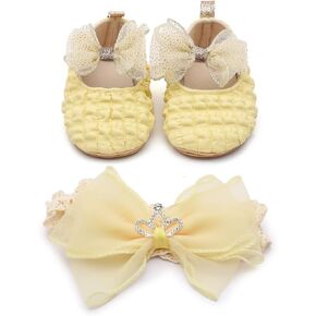 Infant Baby Girls Mary Jane Flats with Crown Headband Soft Sole Non-Slip PU Leather Princess Dress Shoes for Wedding First Walkers Lightweight Sparkly Design