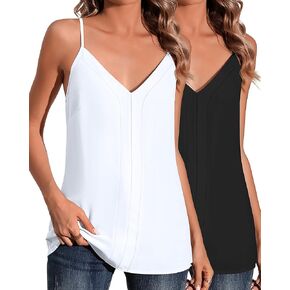 Huukeay 2 Pcs Women's V Neck Tank Tops Strappy Cami Shirts Women Chiffon V Neck Cami Tops Casual Sleeveless Tanks Blouse