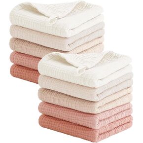 Konssy 10-Pack Muslin Baby Washcloths,100% Cotton Baby Wash Cloths for Newborn Kids Girls & Boys, Soft & Absorbent Washcloths