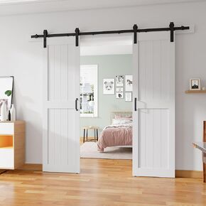 28''x80'' Sliding Barn Door with 5 Ft Barn Door Hardware Kit& Handle& Floor Guides,Pre-Drilled Holes Easy Assembly - Include Installation Manual, Water-Proof PVC Surface, H-Frame, White