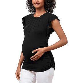 GINKANA Maternity Tops Flying Short Sleeve Pleated Shirts Side Ruched Crewneck Blouse Pregnancy Tunic