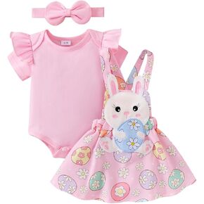 Baby Girl Easter Outfit Easter Egg Outfits Bunny Dress Ruffle Cute Bunny Romper Suspender Skirt Headband 0-18 Months