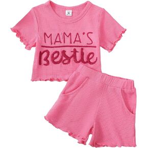 Mikrdoo Toddler Baby Girl Clothes Summer Short Sleeve T Shirt Tops Cute Infant Ruffle Ribbed Knit Shorts Outfits Set