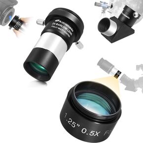 Astromania 1.25" 90-Degree Erecting Prism Optical Prism - Bundle with - 1.25" 2X Barlow Lens&0.5X Reducer