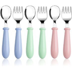Pimoys 6 Pieces Toddler Utensils Kids Silverware Baby Forks and Spoons Set, Stainless Steel Childrens Safe Flatware Metal Kids Cutlery Set with Round Handle, Dishwasher Safe