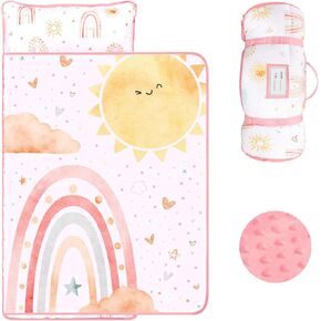 Toddler Nap Mat for Preschool, Daycare Nap Mats with Pillow and Minky Dot Blanket, Lightweight, Soft Travel Sleeping Bag for Kids Girls, 55 x 22 inch, Pink Rainbow