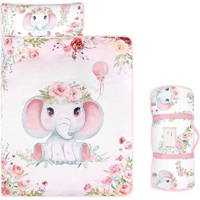 MFS Toddler Nap Mat for Preschool, Kids Sleeping Mat with Removeable Pillow and Minky Dot Blanket, Kids Sleeping Bag for Boys Girls, Detachable Zipper, Pink Elephants
