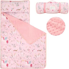 SWESEN Toddler Nap Mat for Preschool, Soft Kids Nap Mat with Removable Pillow and Minky Blanket, Extra Large Rolled Daycare Sleeping Bag for Boys Girls, 22in x 55in, Ages 3-6 Years