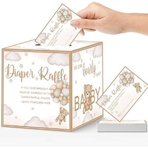 51 Pcs Bear Diaper Raffle Tickets with Diaper Raffle Card Box for Baby Shower Supplies, Diaper Raffle Sign Brown Bear Themed Insert Card, Advice and Wishes Diaper Raffle Insert Ticket