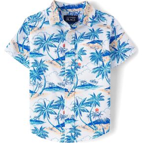 The Children's Place,Baby Boys,and Toddler Poplin Short Sleeve Button Down Shirt,White Palm Tree Print,12 Months,18 Months