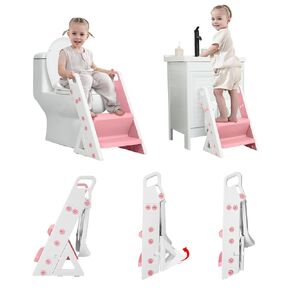 Primlect Potty Training Seat, Upgrade Foldable Step Stool for Bathroom, Toddler Toilet Attachment, Adjustable Height, Handles on Top of The Ladder, Easy to Carry and Climb, Boys and Girls 1-3 (Gray)