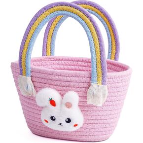 Exun Bunny Basket for Kids, Cute Cotton Tote Bag Hand-Woven Handbag with Rainbow Handles, Easter Egg Hunt Basket Bags for Boys, Girls, Toddler, Babies, Easter gift basket Personalized (Pink)